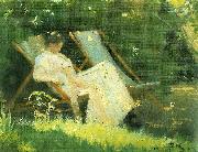 Peter Severin Kroyer kunstnerens hustru siddende i en havestol i deres have pa skagen oil on canvas